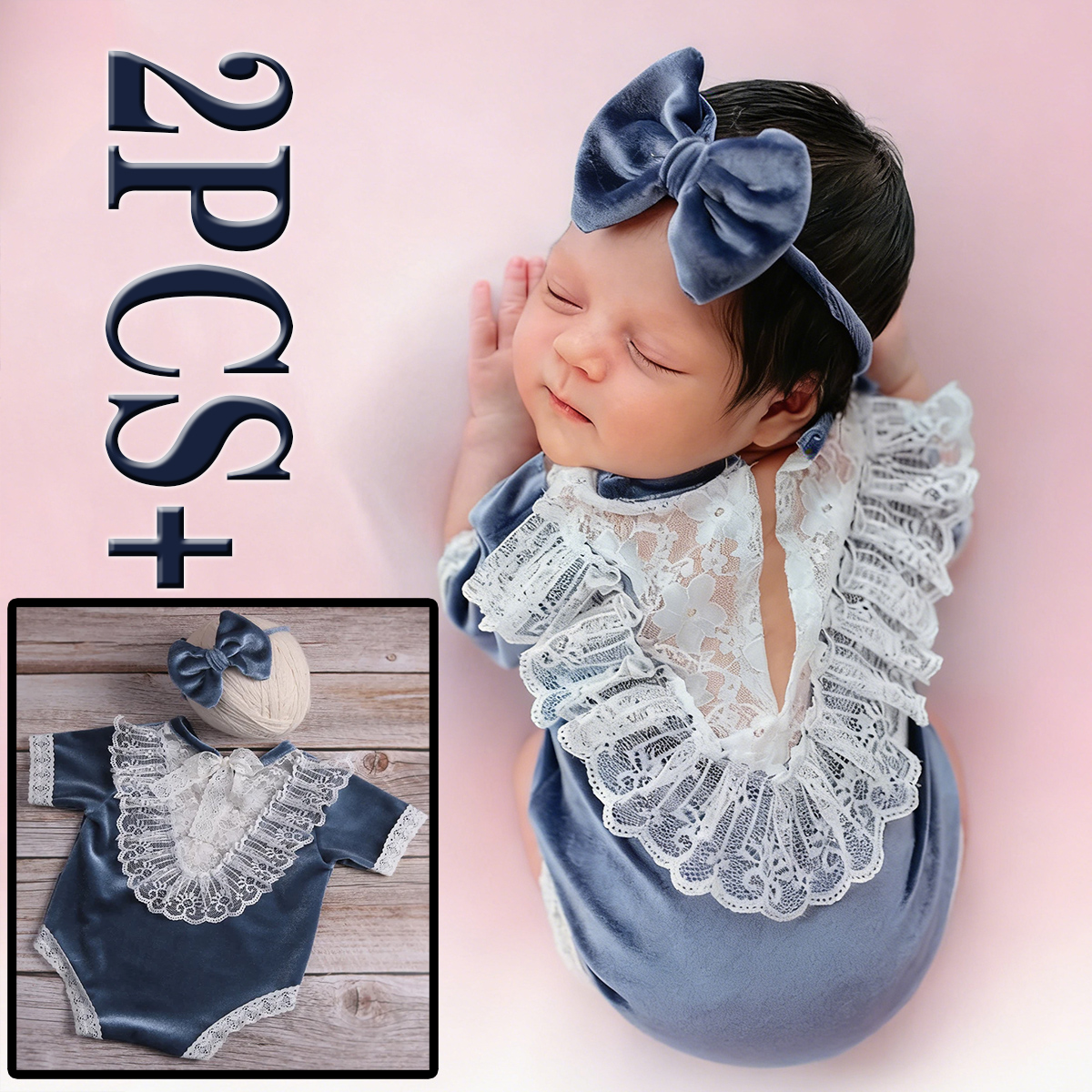 Photography Hd - 2pcs Newborn Photo Costume Velvet Blue